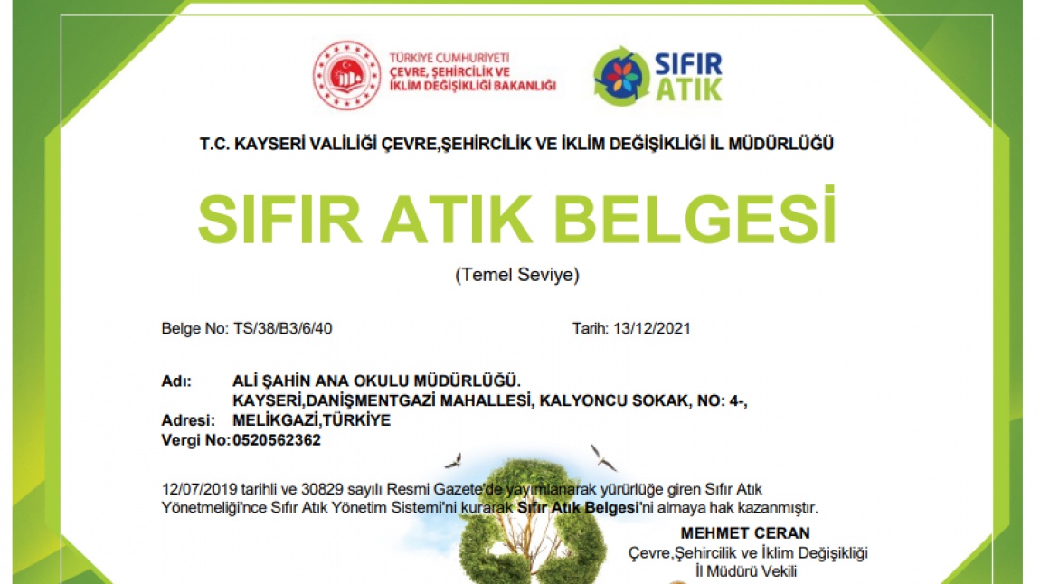 OKULUMUZ SIFIR ATIK BELGESİ ALMIŞTIR